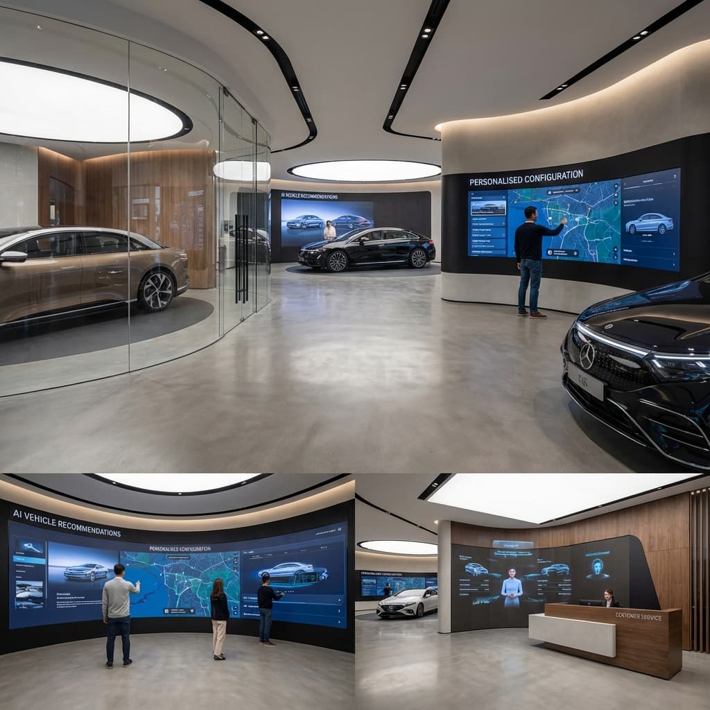 Modern automotive dealership with AI technology integration showing vehicle recommendations and customer service