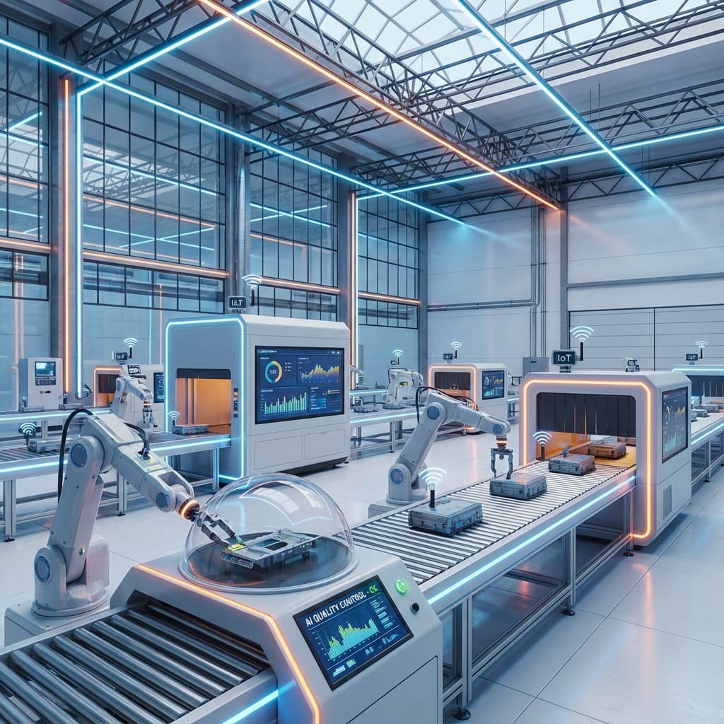 Advanced smart factory with IoT sensors, robotic systems, and AI-powered quality control